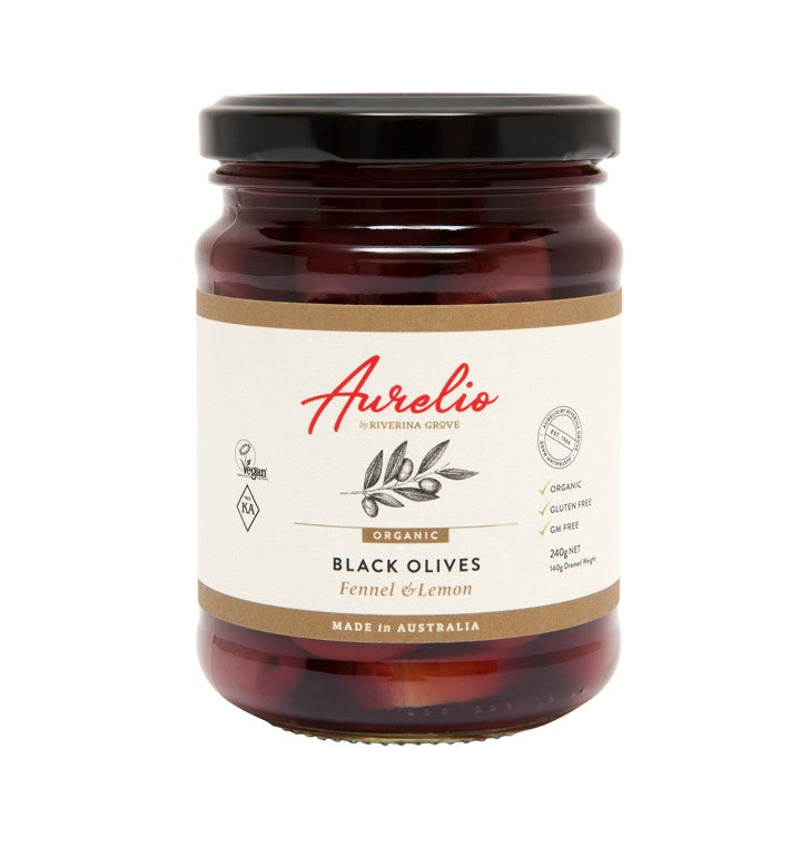 Jar of Aurelio Organic Black Olives with Fennel and Lemon 240g
