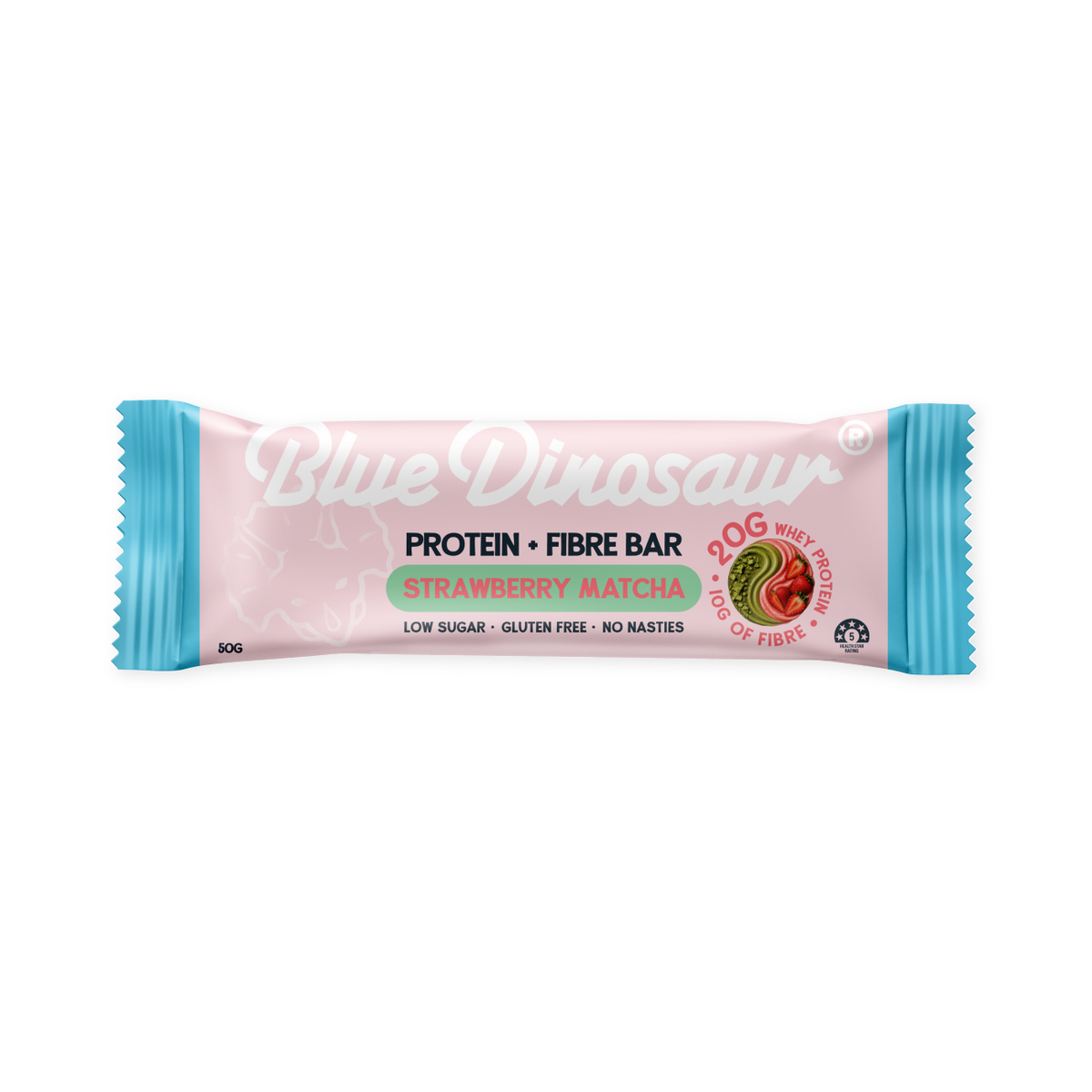 Blue Dinosaur Strawberry Matcha Protein and Fibre Bar 50g in pink and blue wrapper