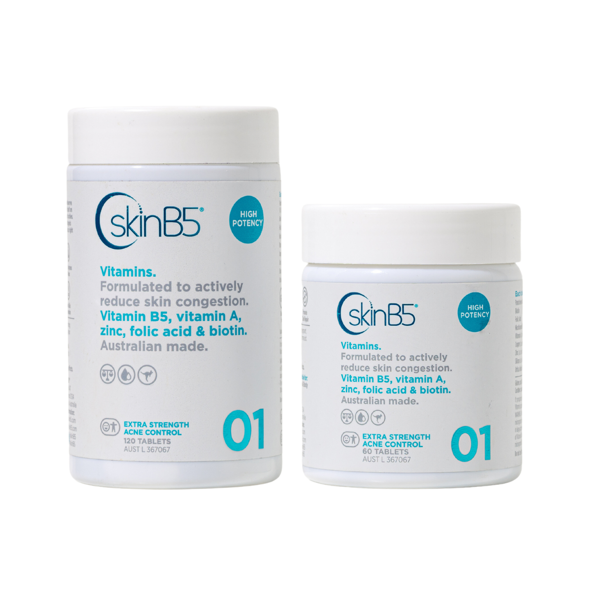 SkinB5 Extra Strength Acne Control Vitamins – supplier image showing 60 and 120 tablet pack sizes
