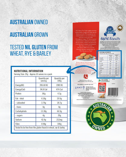 GF Oats Anzac Biscuits ingredients and nutrition label