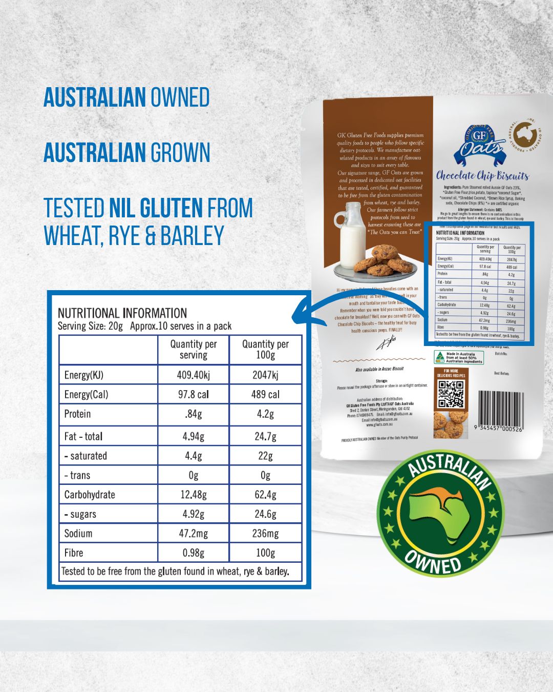 GF Oats Choc Chip Biscuits ingredients and nutrition label