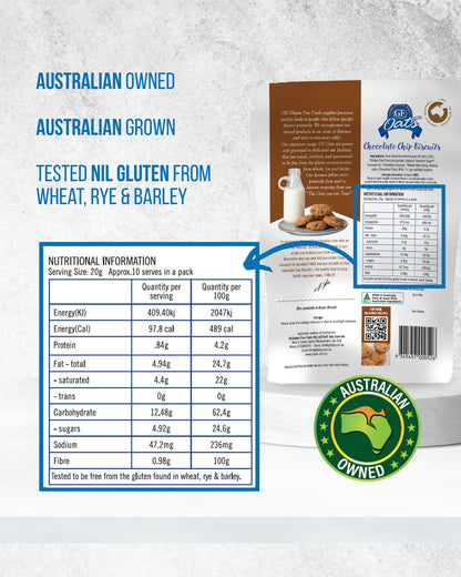GF Oats Choc Chip Biscuits ingredients and nutrition label