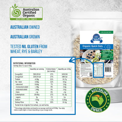 GF Oats Organic Quick Oats ingredients and nutrition label