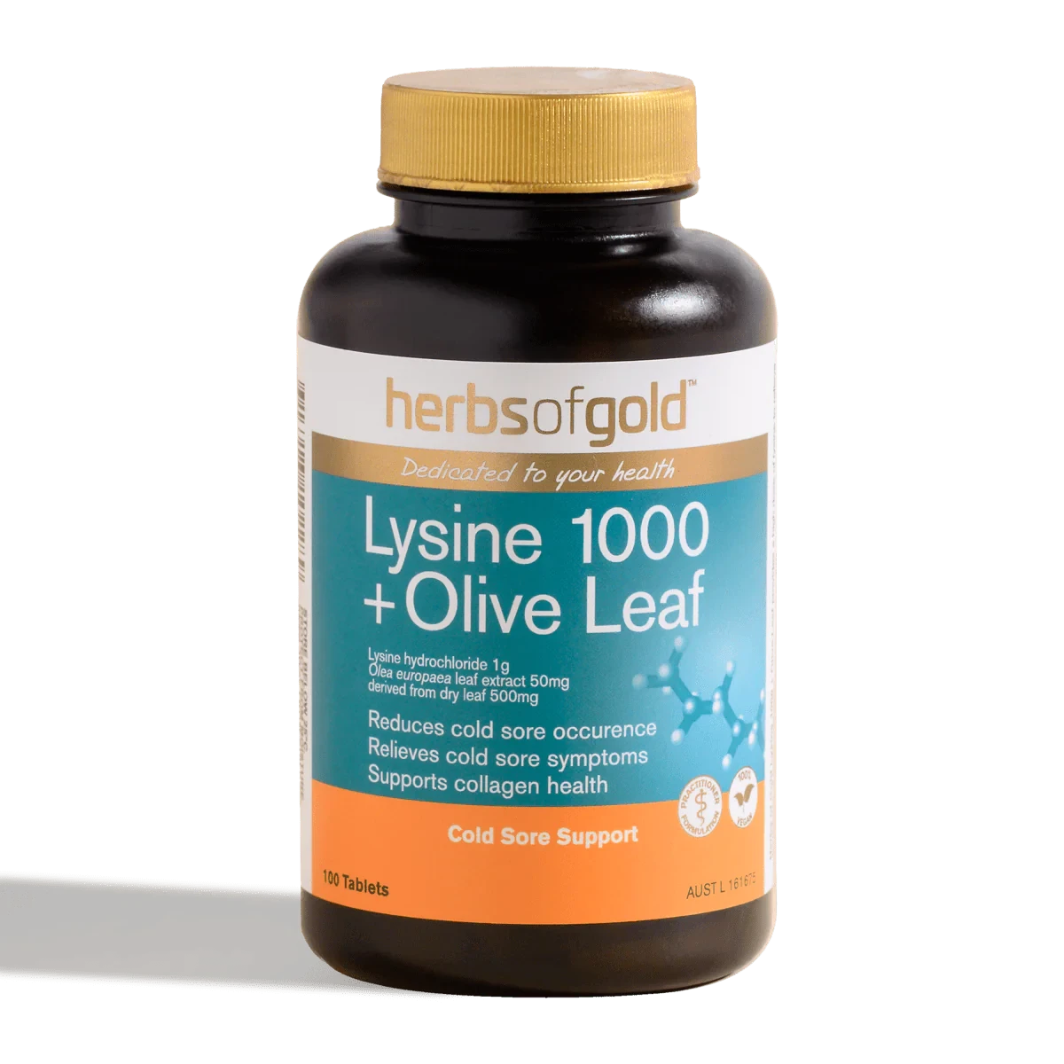 Herbs of Gold Lysine 1000 and Olive Leaf 100 Tablets bottle