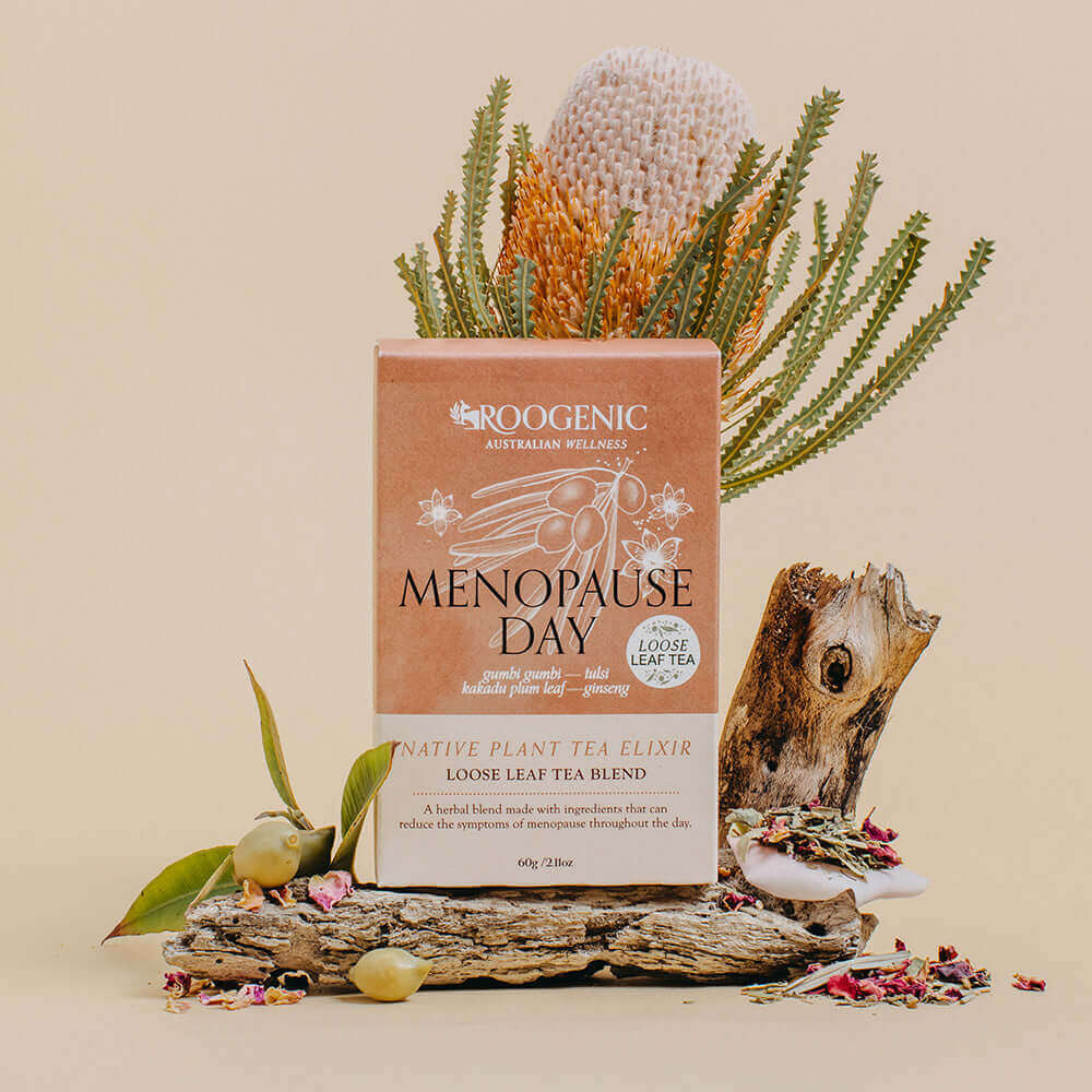 Roogenic Menopause Day Tea box containing 18 tea bags