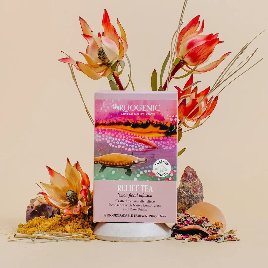 Roogenic Relief Tea box containing 18 tea bags