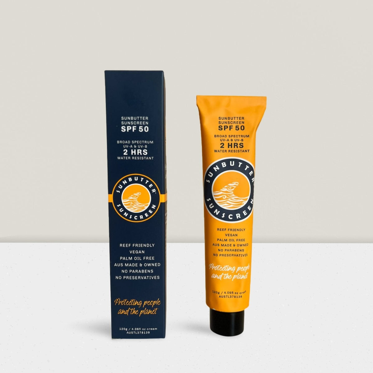 SunButter Skincare SPF50 mineral sunscreen tube 120g
