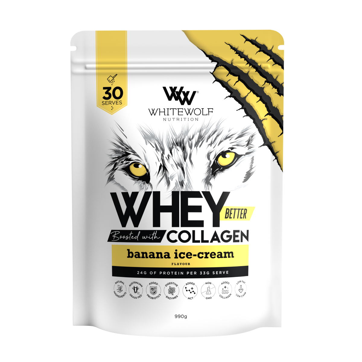 White Wolf Nutrition Whey Protein + Collagen Banana Ice-Cream 990g