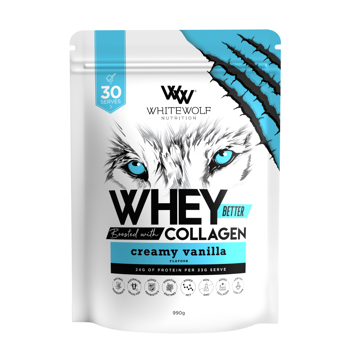 White Wolf Nutrition Whey Protein + Collagen Creamy Vanilla 990g