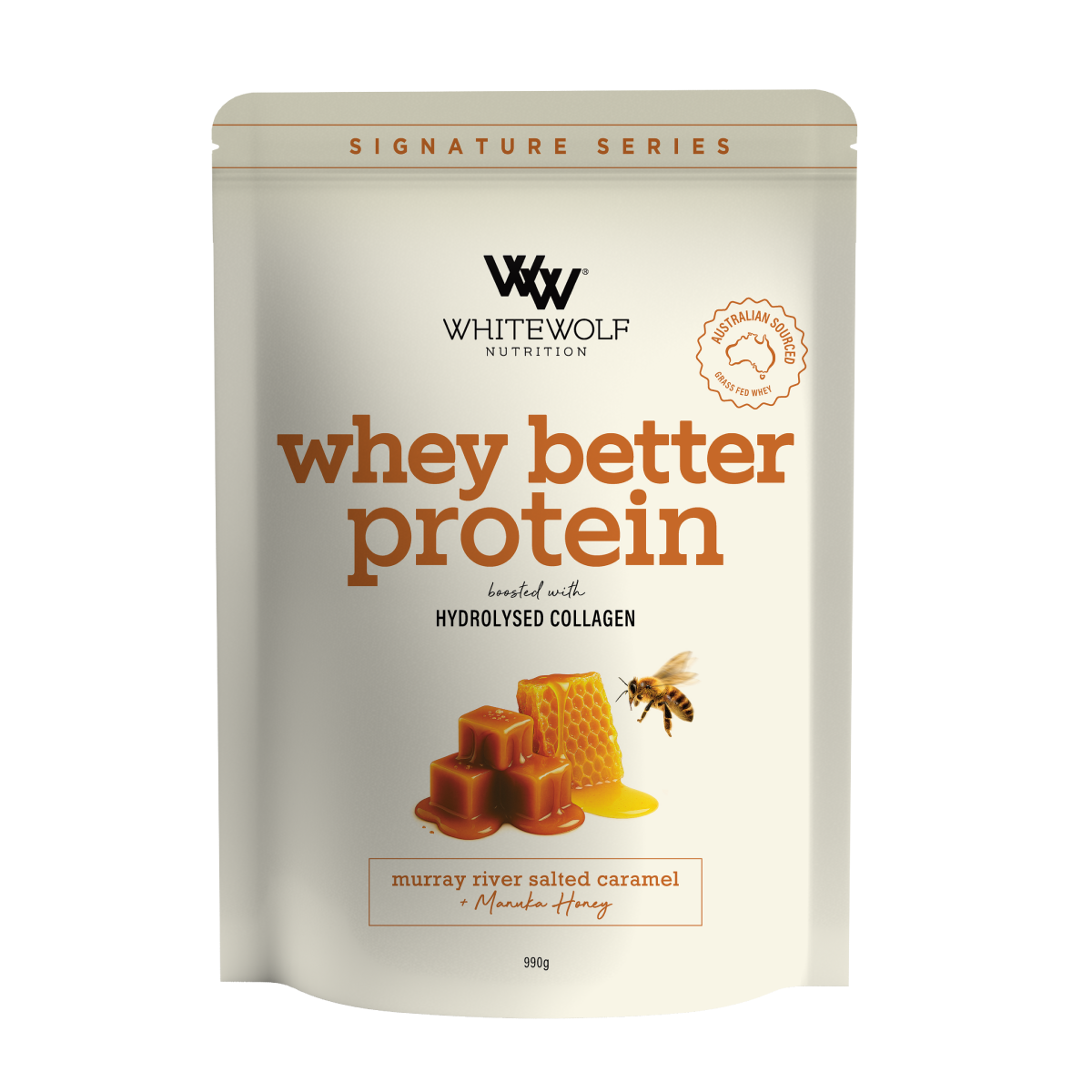 White Wolf Nutrition Whey Protein + Collagen Murray River Salted Caramel with Manuka Honey 990g