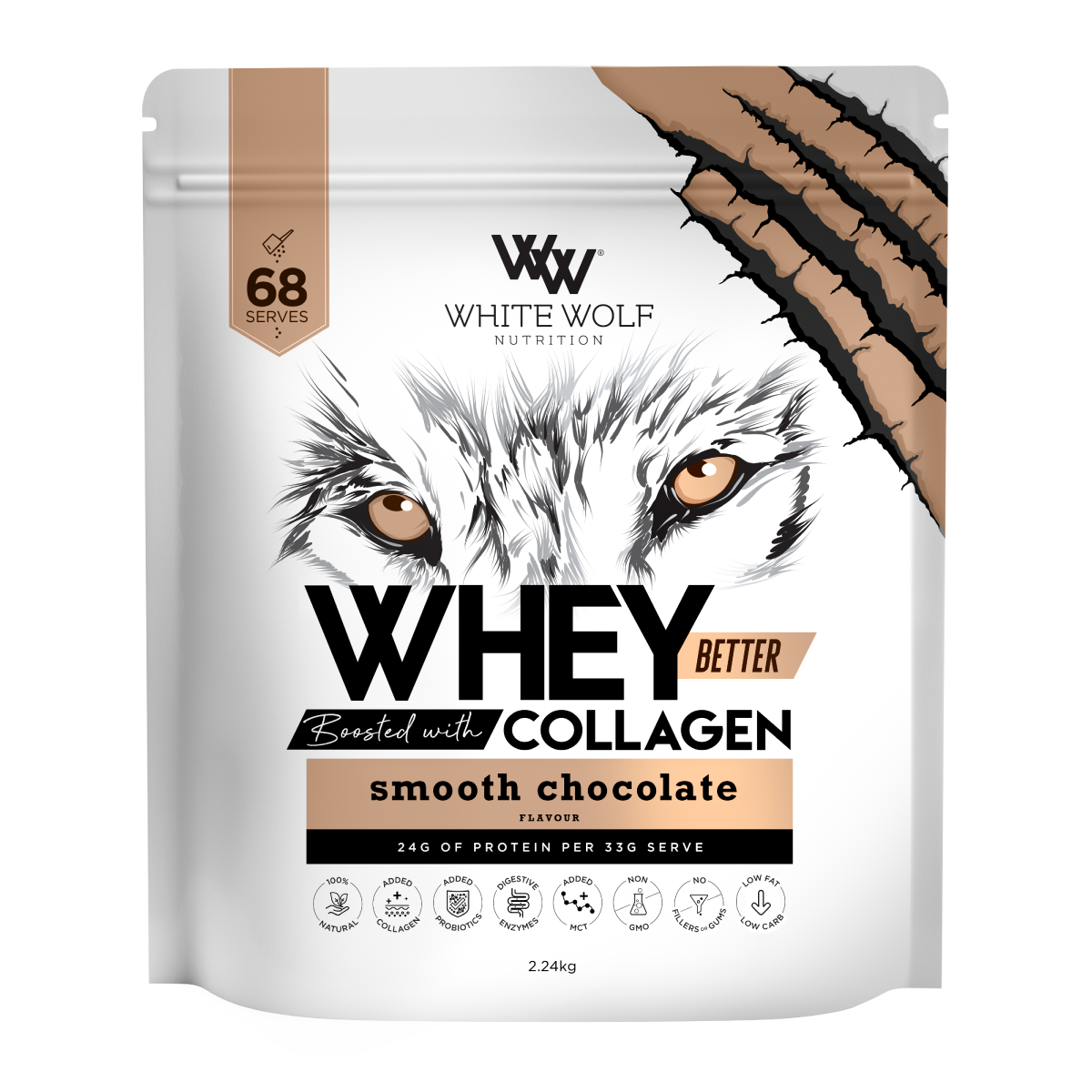 White Wolf Nutrition Whey Protein + Collagen Smooth Chocolate 2.24kg
