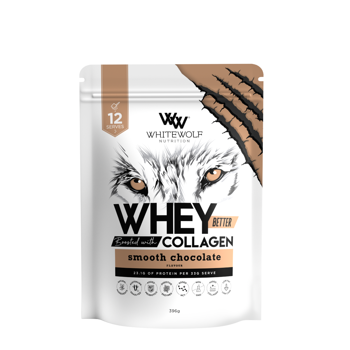 White Wolf Nutrition Whey Protein + Collagen Smooth Chocolate 396g