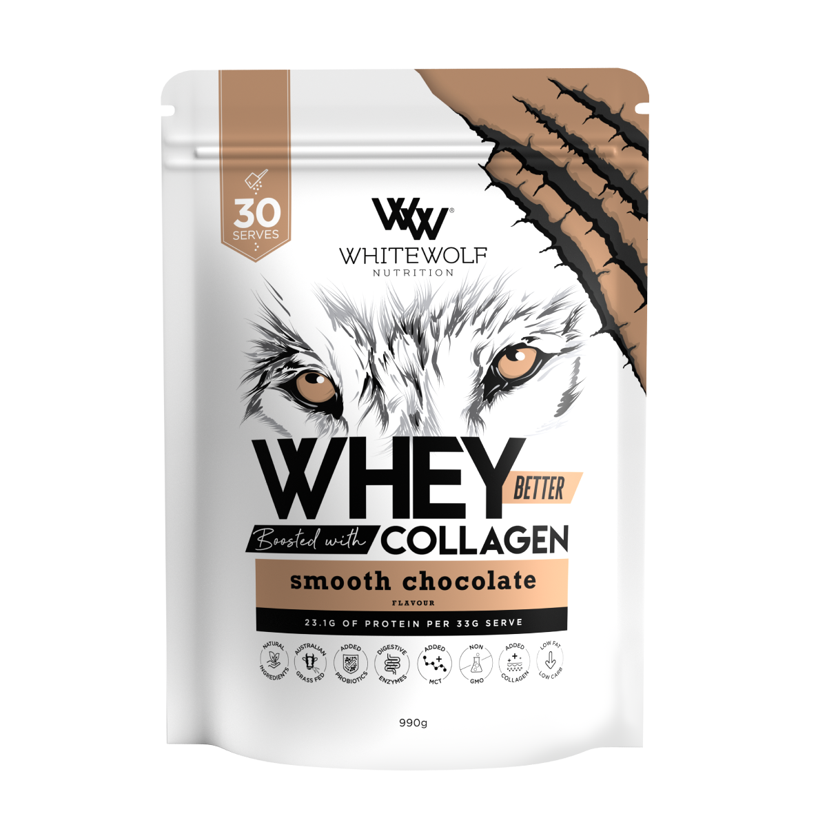 White Wolf Nutrition Whey Protein + Collagen Smooth Chocolate 990g
